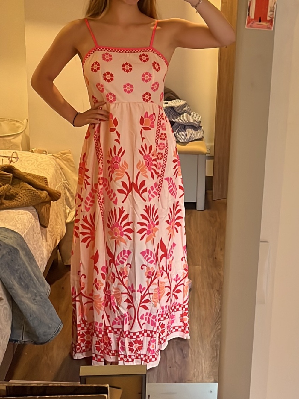 Pink Floral Maxi Dress with Adjustable Straps